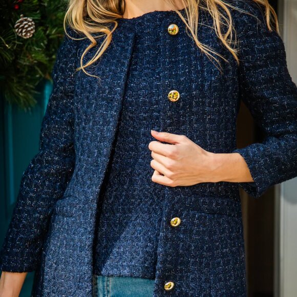 Current Season! Brand New Sail to Sable Navy Metallic Tweed Button Front Coat, M - Picture 1 of 7